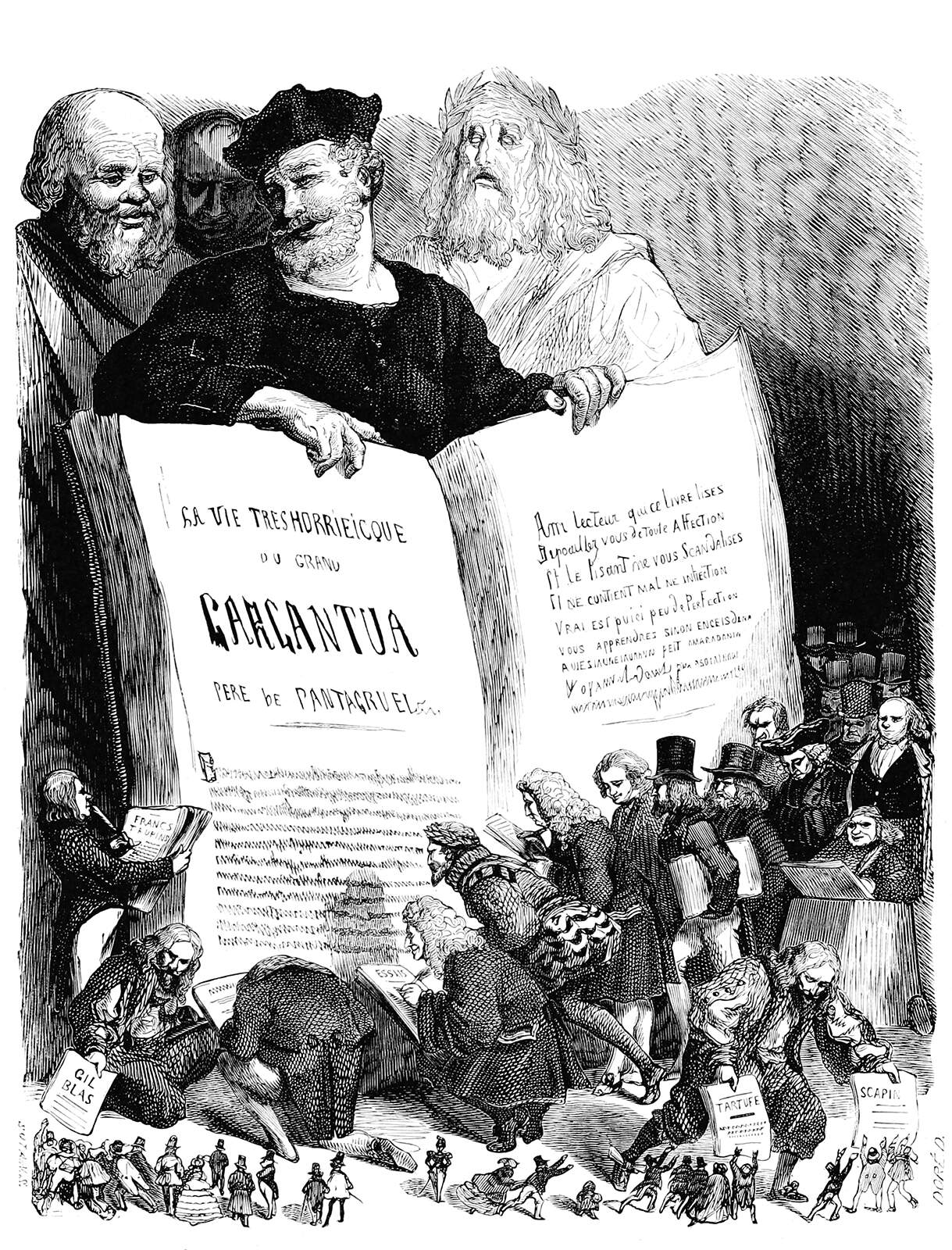 Gravura antiga de Gustave Doré: multidão em volta de um livro gigante aberto, frontispício das obras de Rabelais