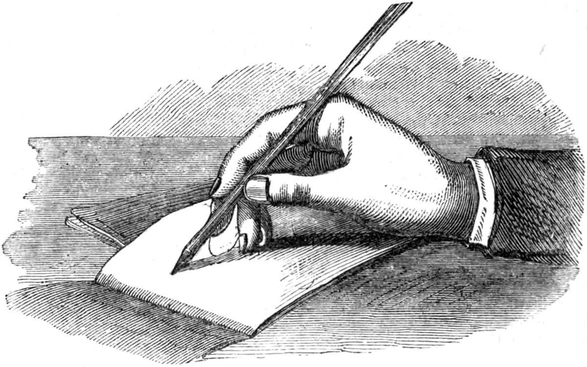 The_Popular_Educator_Illustration_6_-_Holding_the_Pen Gravura vintage de mão segurando uma pena para escrever