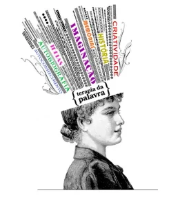 Ilustração de mulher com palavras como criatividade, memória e escrita saindo da cabeça. Imagem do Terapia da Palavra.