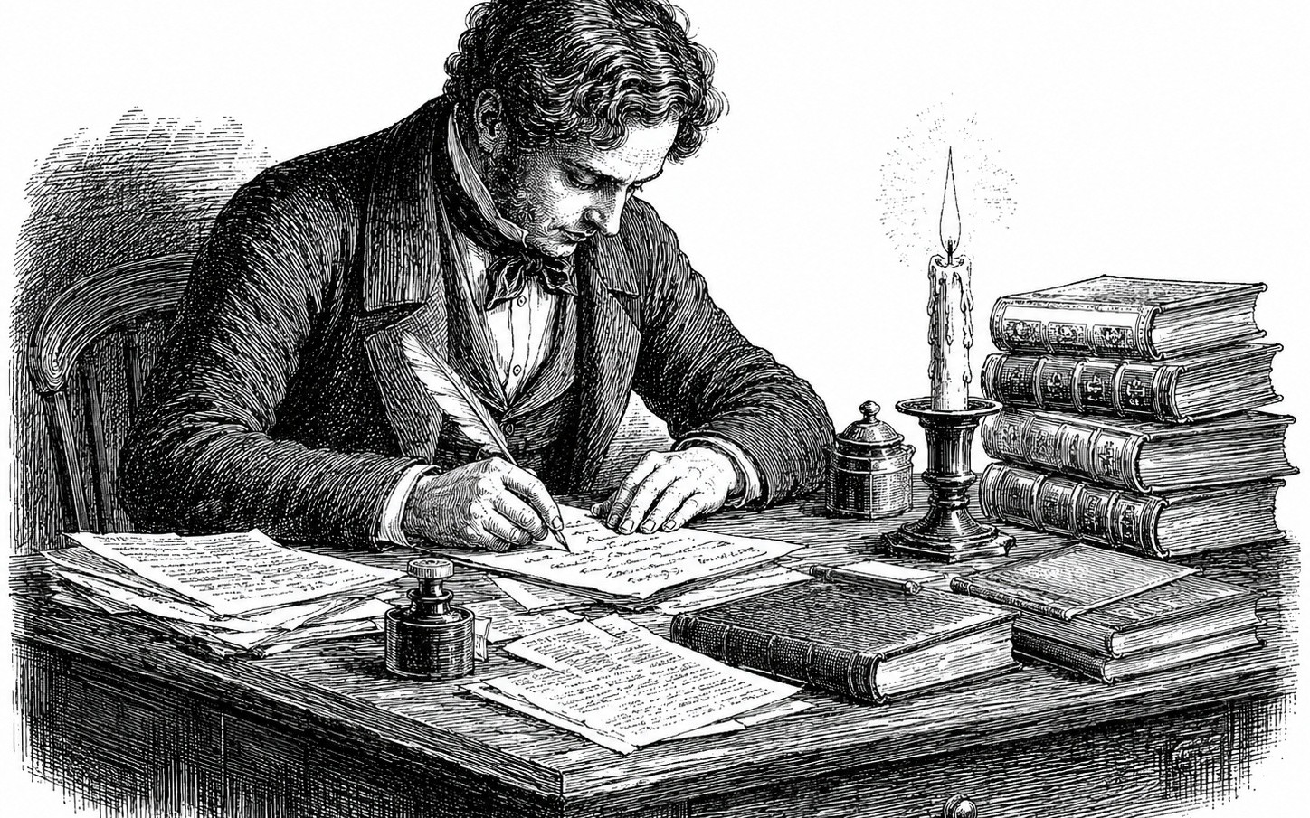 Gravura vintage de um homem escrevendo à luz de vela, cercado de livros e papéis