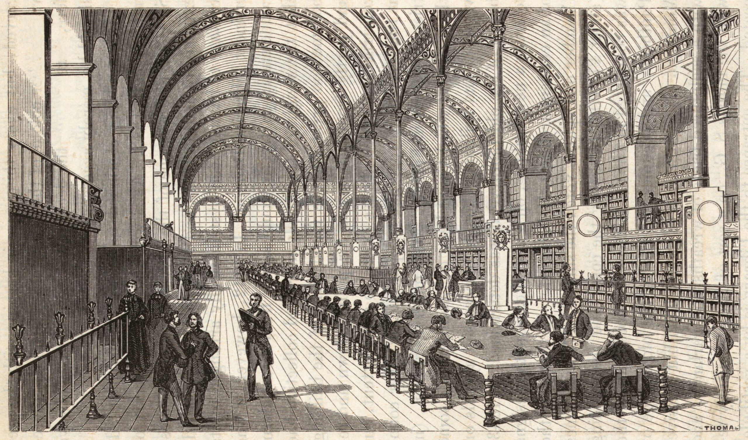 Gravura vintage da Biblioteca Sainte-Geneviève, em Paris, 1859