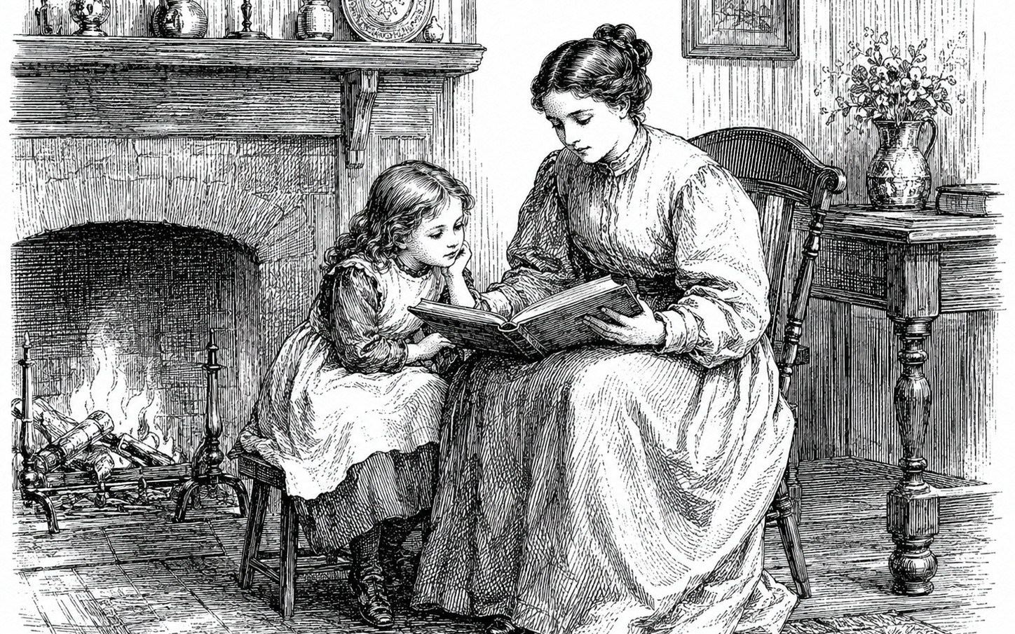 mother_daughter_fireside Gravura vintage de uma mãe lendo para a filha perto da lareira